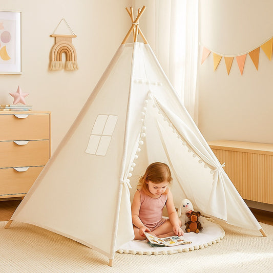 Large Foldable Kids Canvas Teepee Play Tent With Lights  ( White )