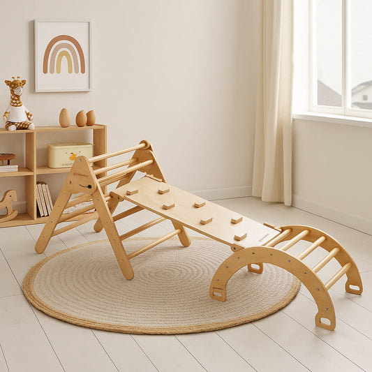 Wooden Pikler Triangle With Rocker & Slide + Ramp | Wooden Climbing Gym Set
