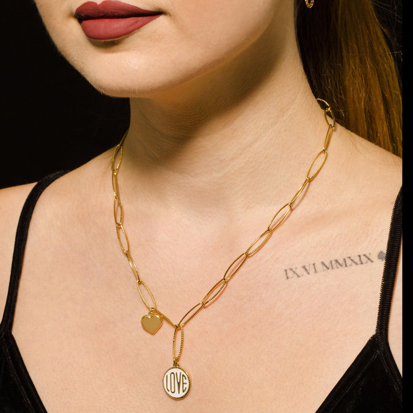 EMMA Retro LOVE Scripted Pendant on a Contemporary Chain Linked Necklace