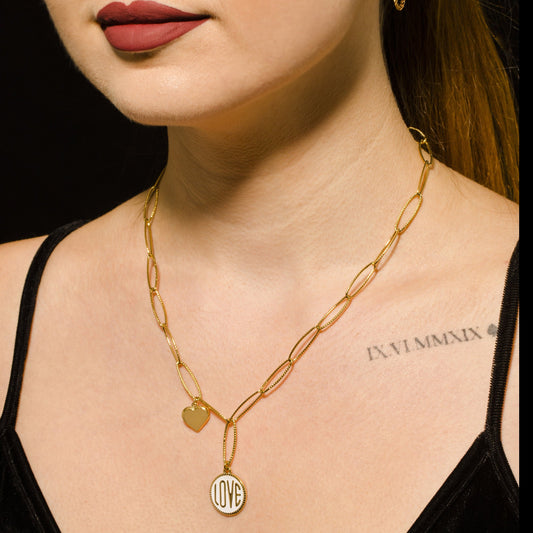 EMMA Retro LOVE Scripted Pendant on a Contemporary Chain Linked Necklace