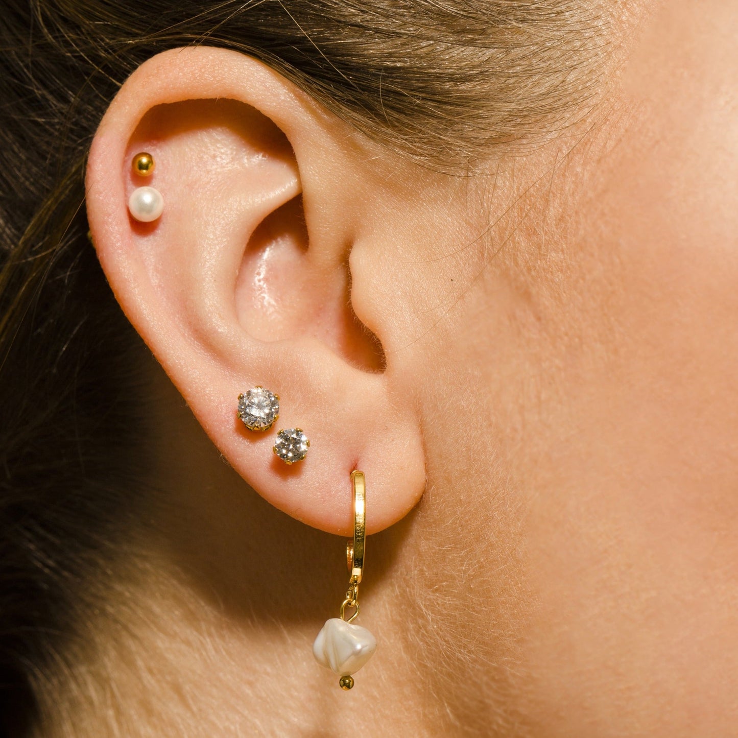 REIGN Gold:  3-Pair Zirconia Earrings Stud Set