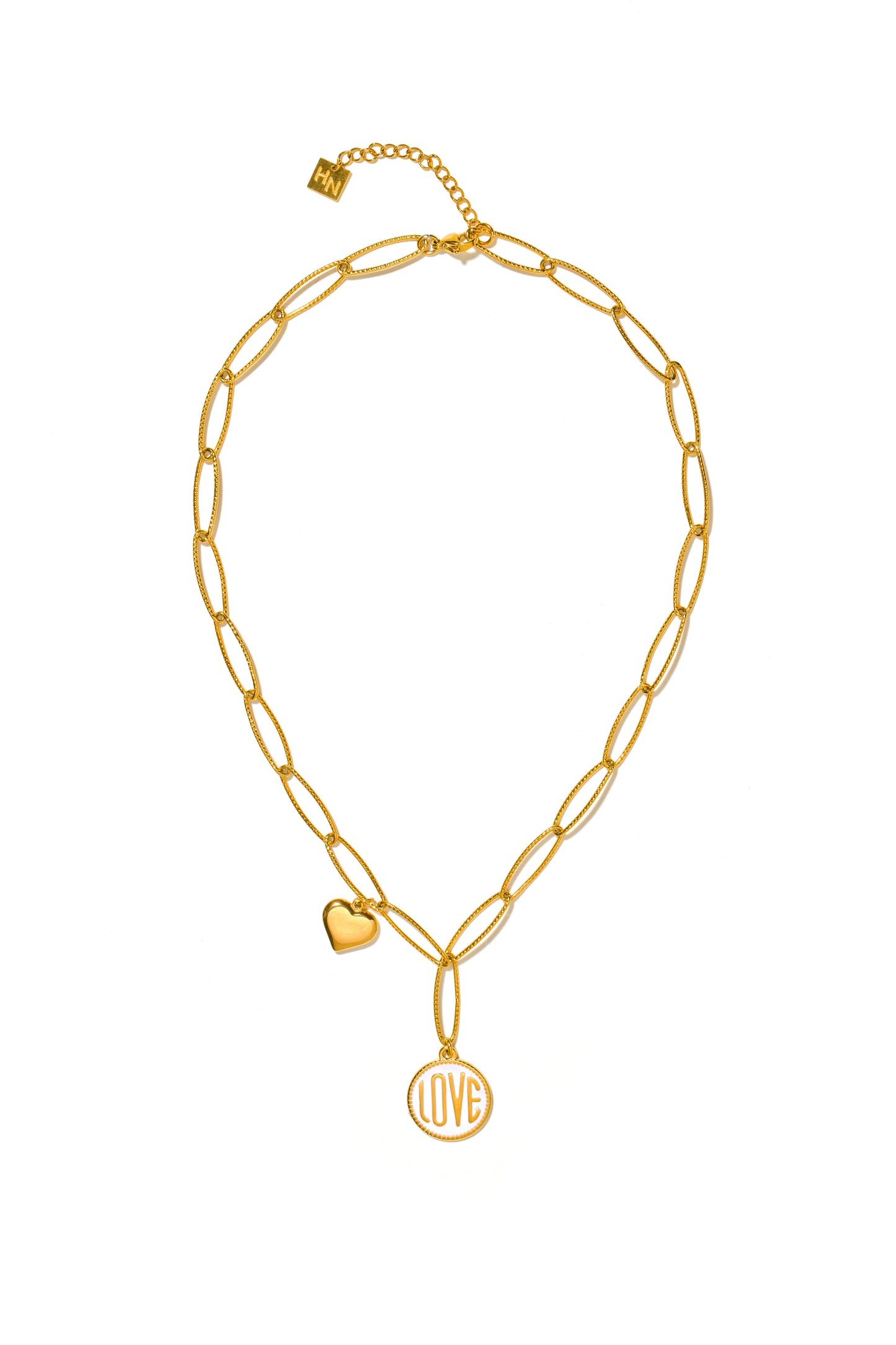 EMMA Retro LOVE Scripted Pendant on a Contemporary Chain Linked Necklace