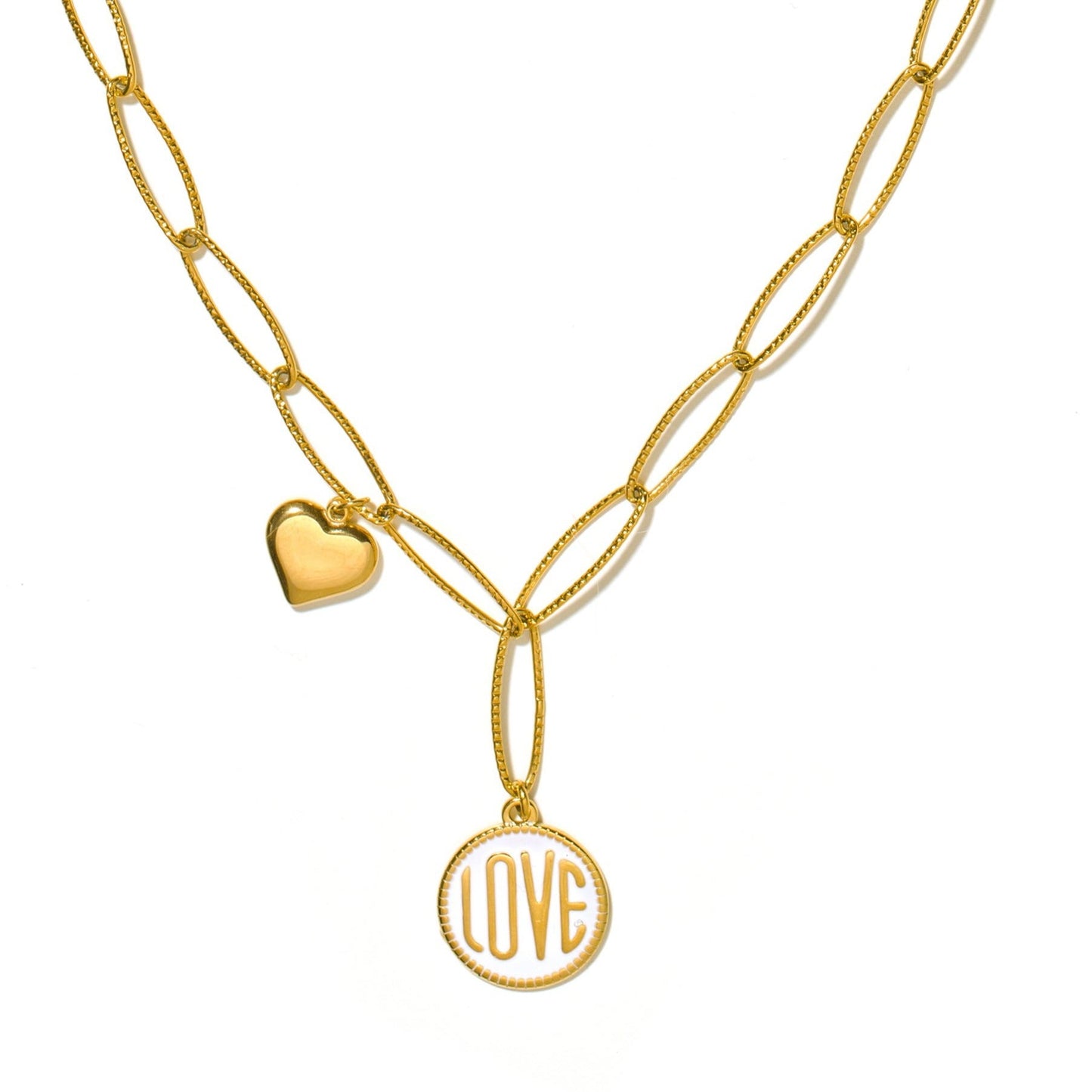 EMMA Retro LOVE Scripted Pendant on a Contemporary Chain Linked Necklace