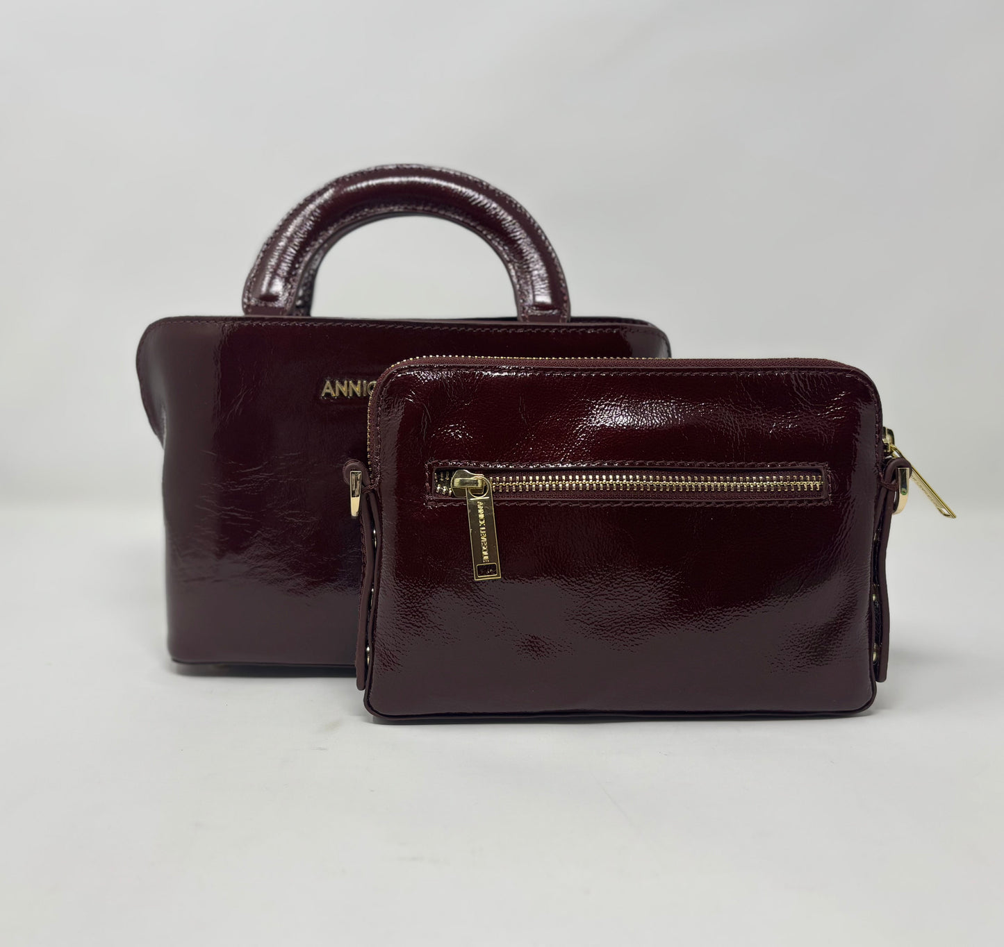 Sac à main en cuir, deux en un, rouge bordeaux vernis | Clarence