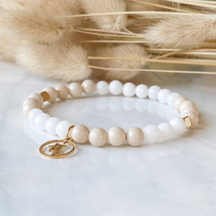 ORION | Bracelet en pierre de rivière, jade blanc et inox