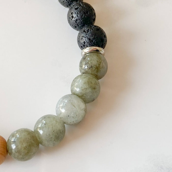 AILIS | Bracelet en labradorite, pierres de lave noire, bois de cèdre et acier inoxydable