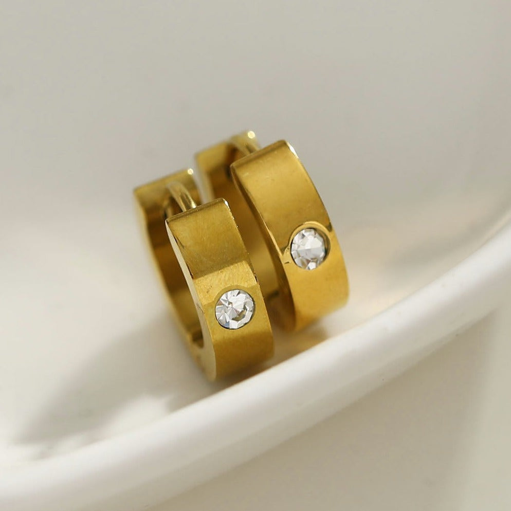 INIS: Wide Mini Hoop Gold Earrings with a Solitaire Zirconia Gemstone