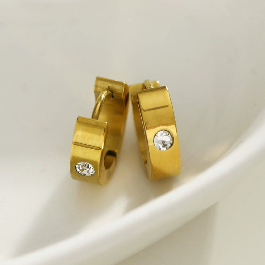 INIS: Wide Mini Hoop Gold Earrings with a Solitaire Zirconia Gemstone