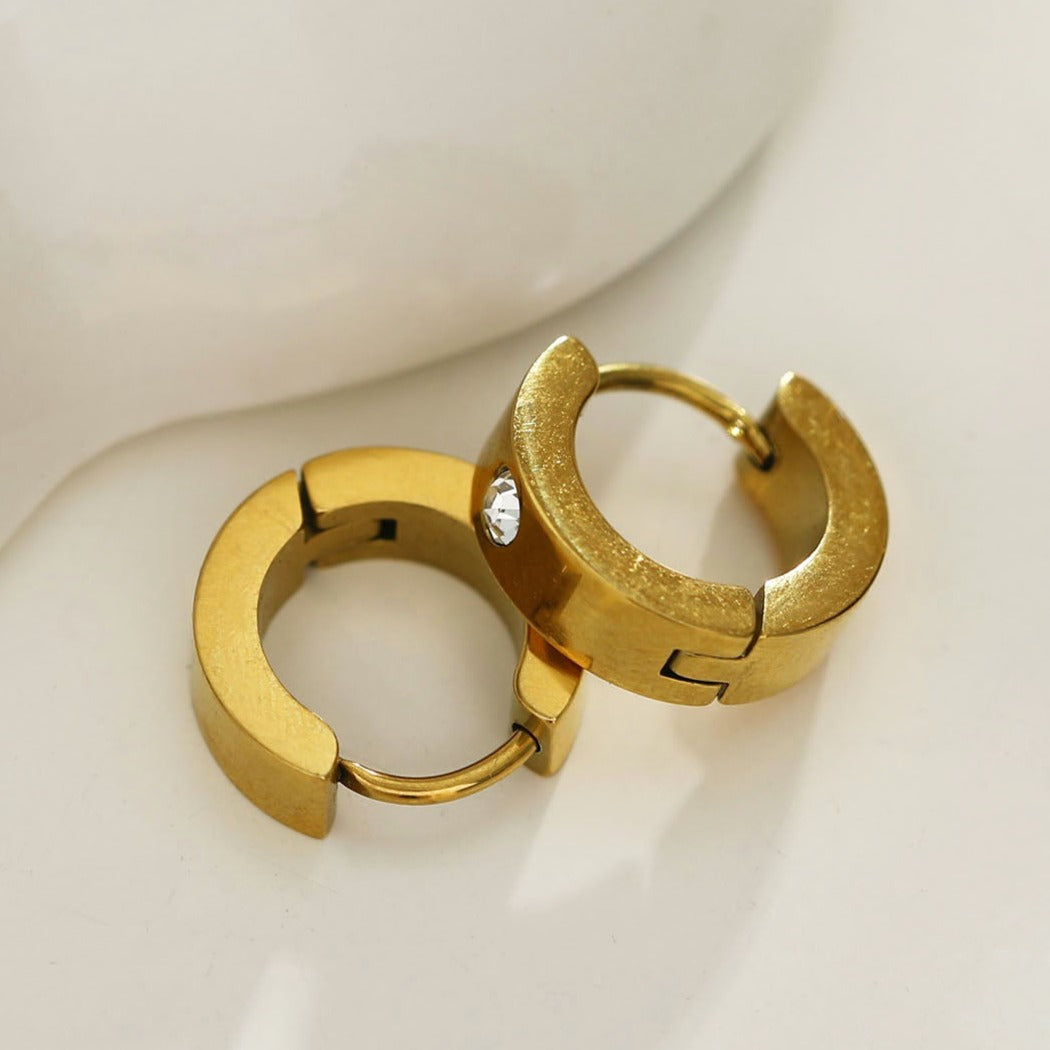 INIS: Wide Mini Hoop Gold Earrings with a Solitaire Zirconia Gemstone