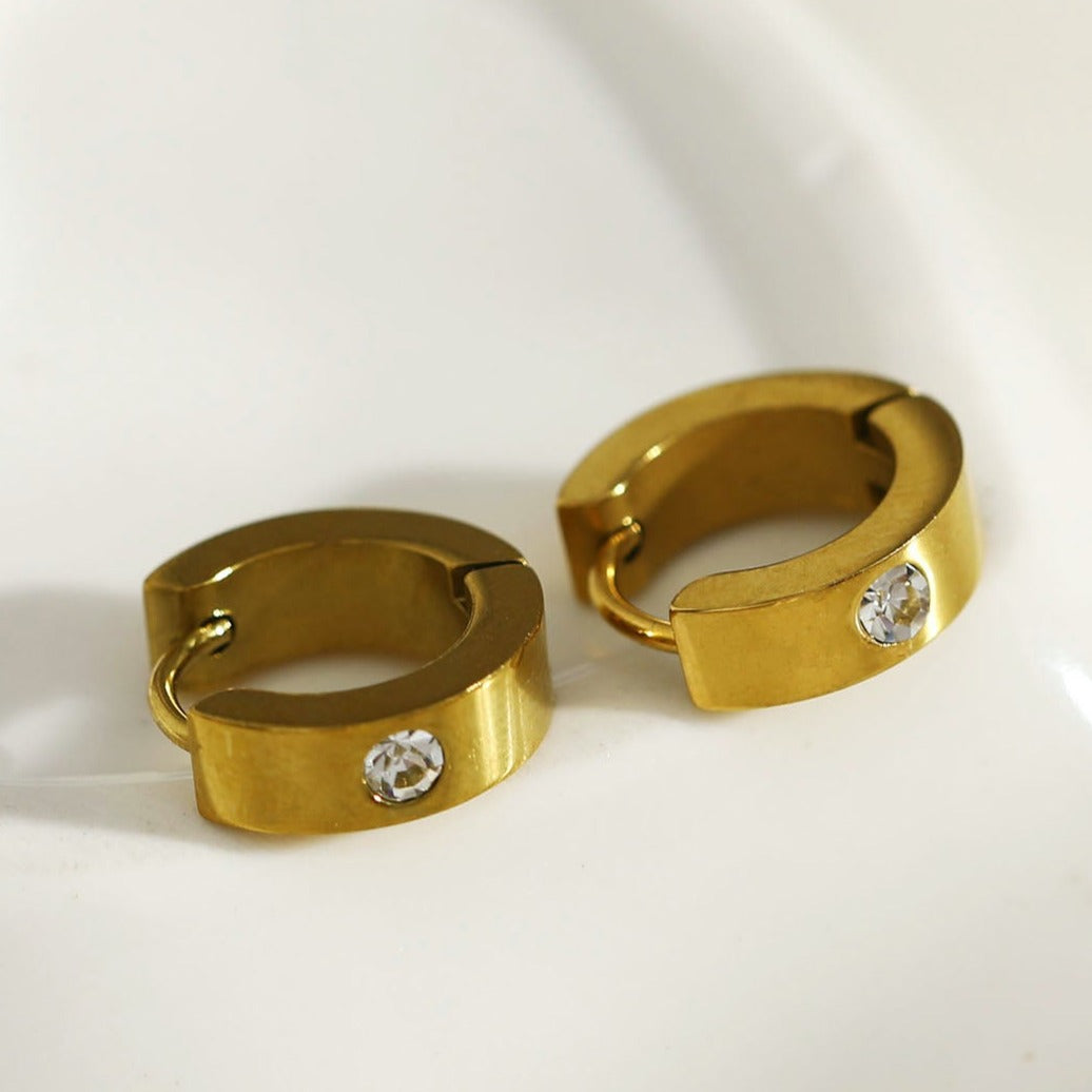 INIS: Wide Mini Hoop Gold Earrings with a Solitaire Zirconia Gemstone