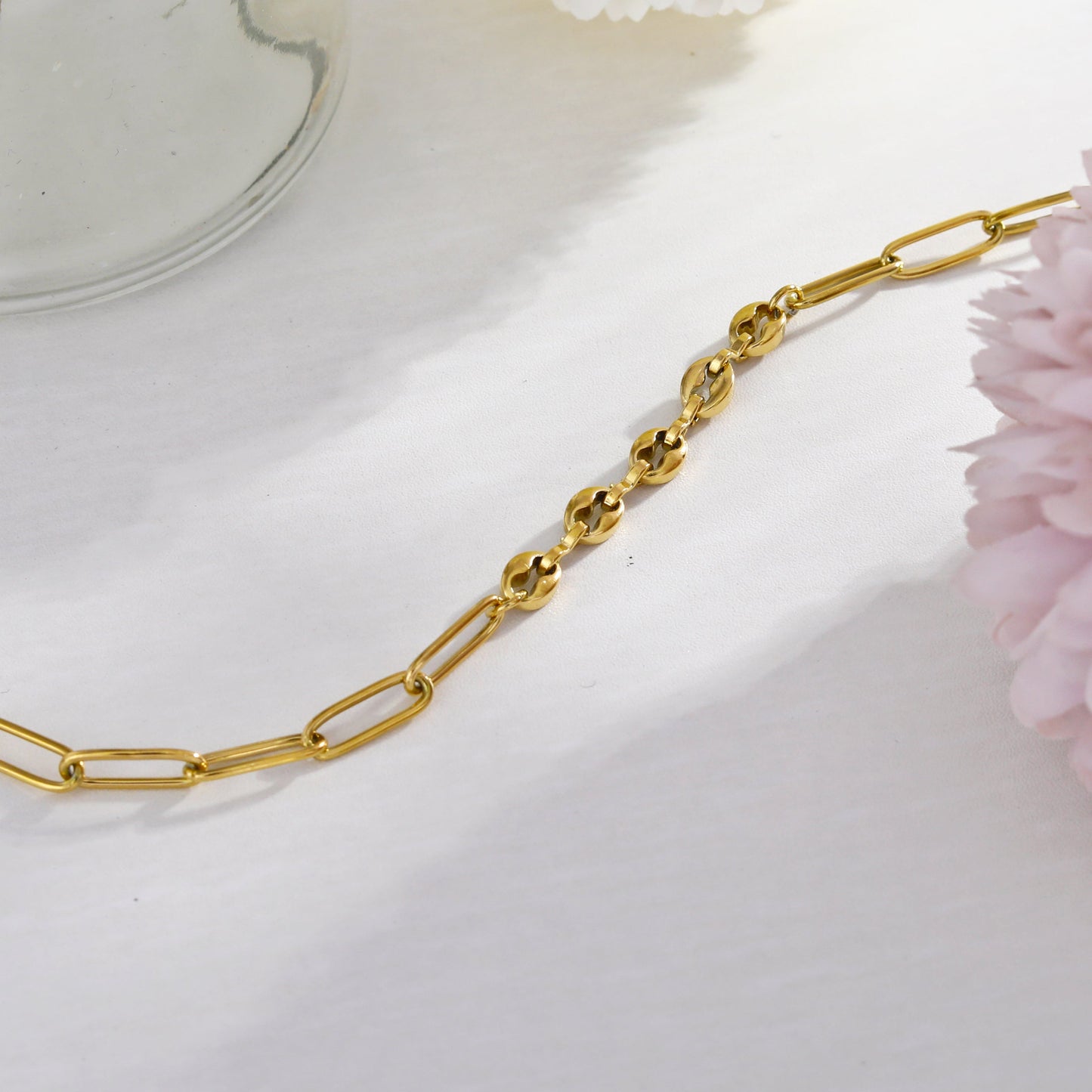 IZARA Paper-Clip & Oval-Beads Chain Bracelet in Gold