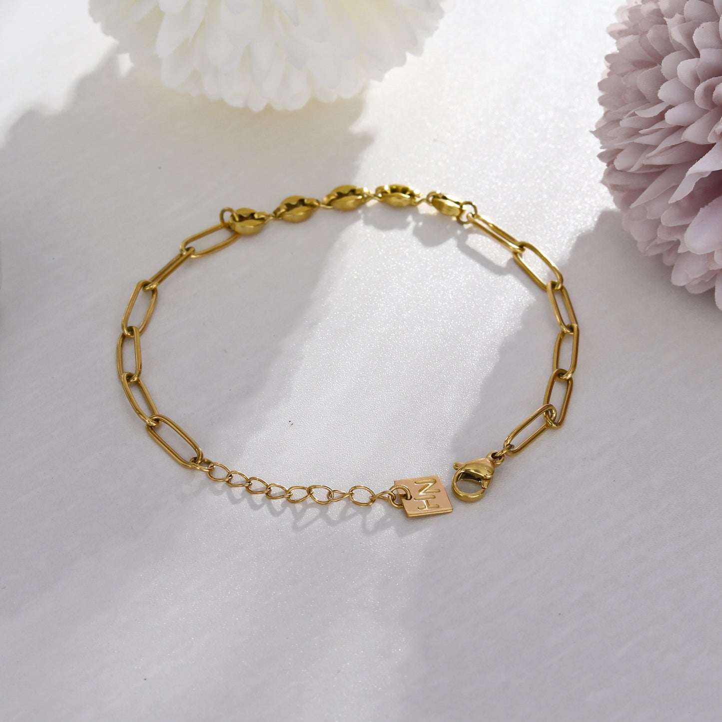 IZARA Paper-Clip & Oval-Beads Chain Bracelet in Gold