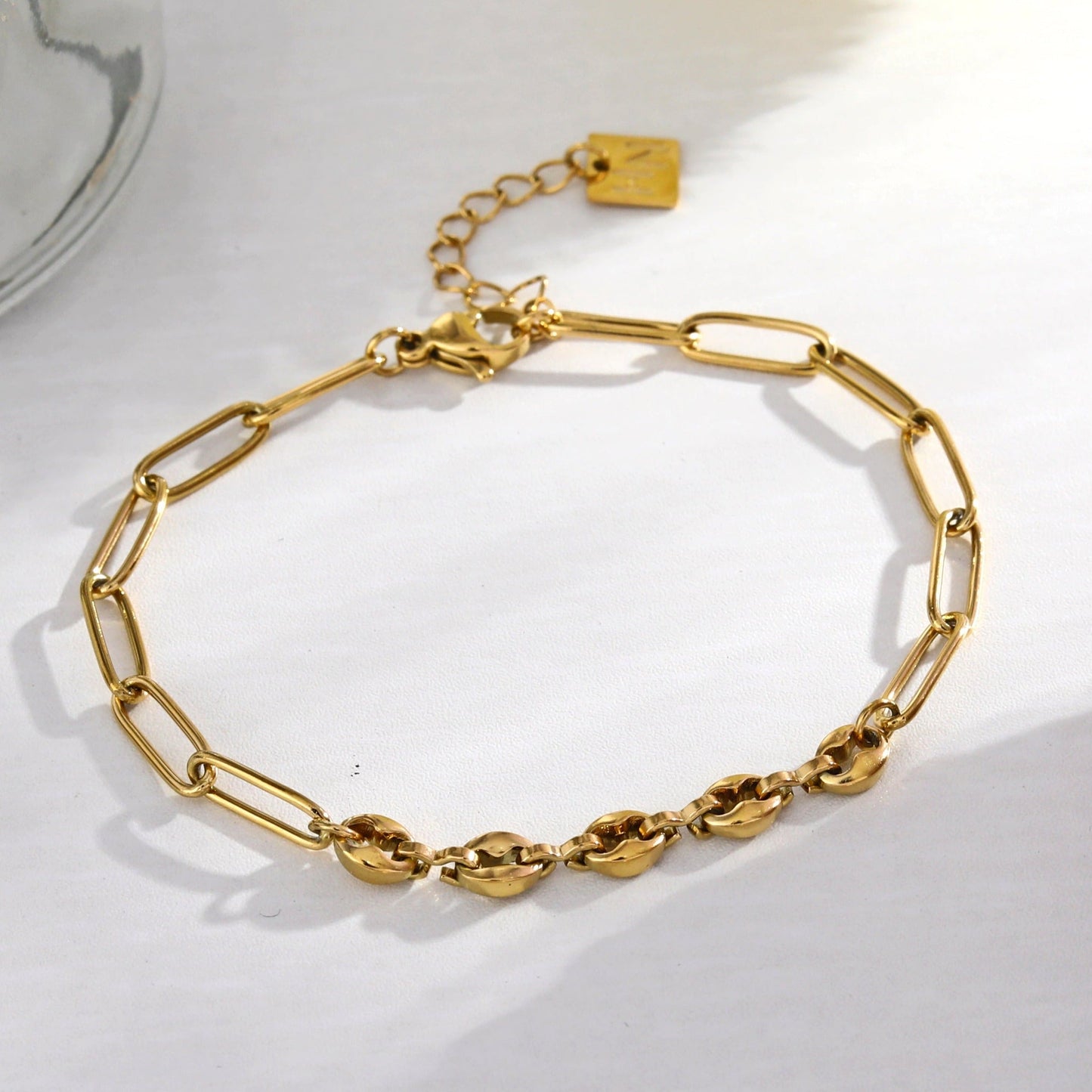 IZARA Paper-Clip & Oval-Beads Chain Bracelet in Gold