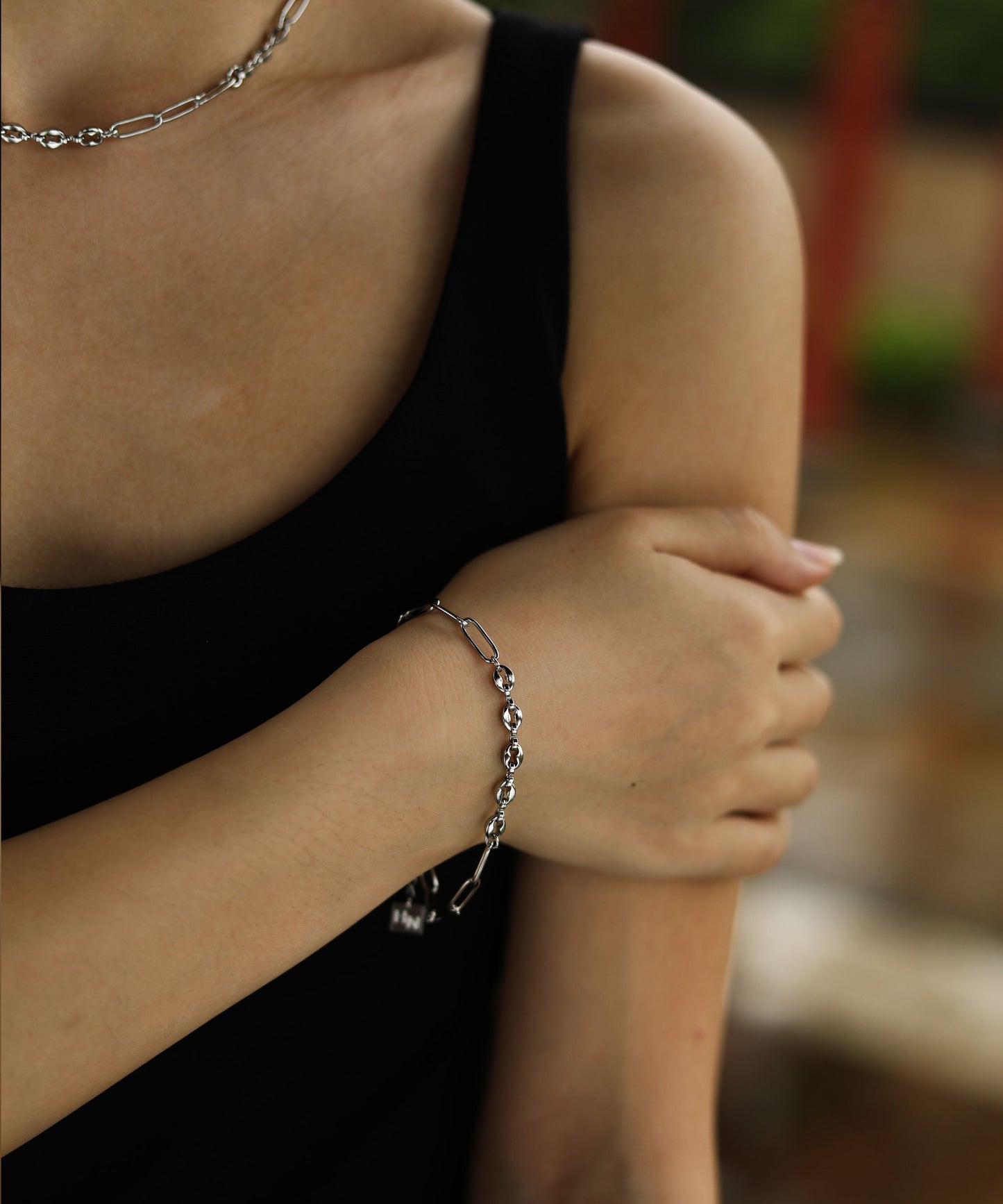 IZARA Paper-Clip & Oval-Beads Chain Bracelet in Silver