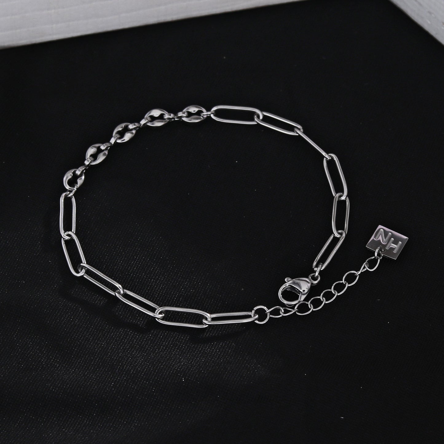 IZARA Paper-Clip & Oval-Beads Chain Bracelet in Silver