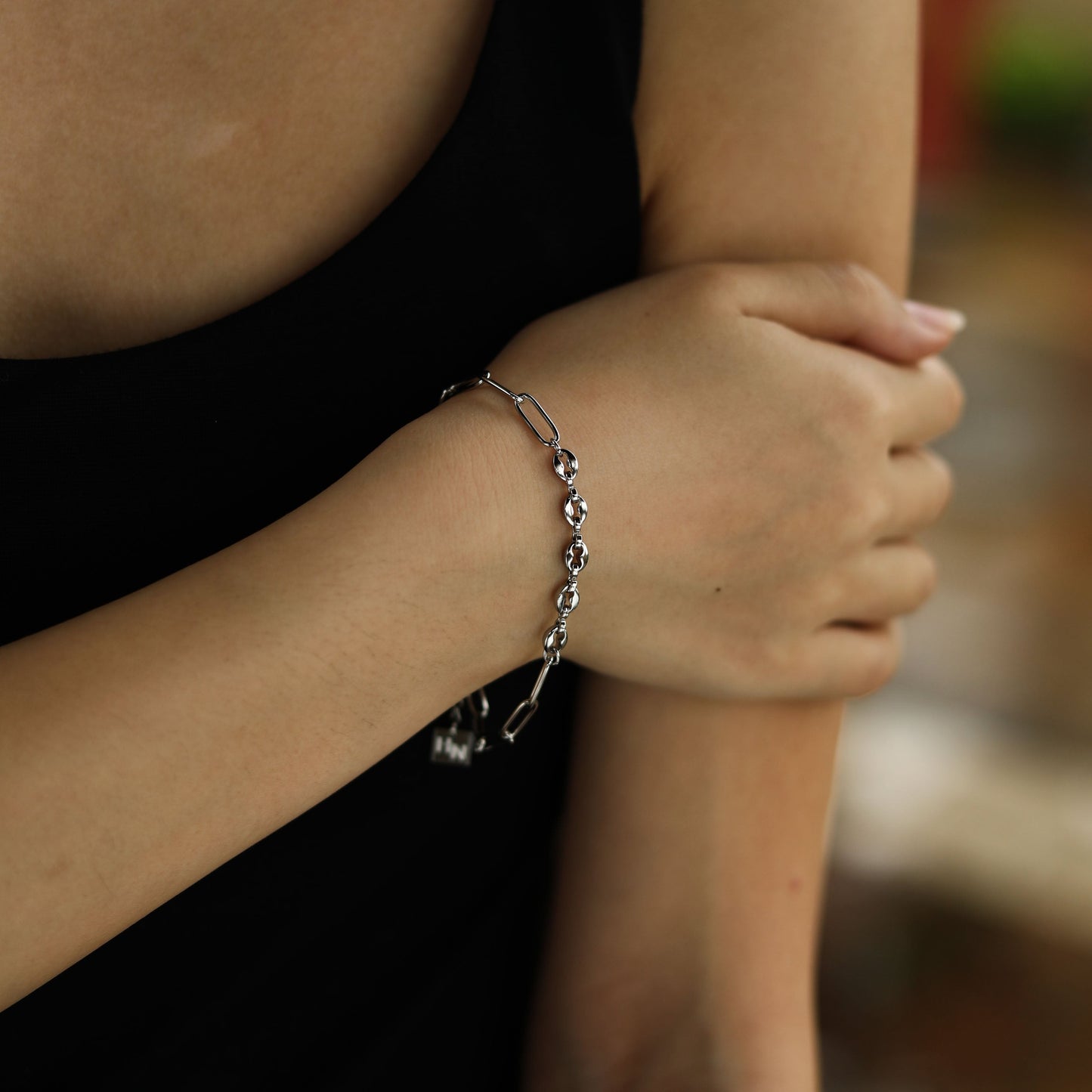 IZARA Paper-Clip & Oval-Beads Chain Bracelet in Silver