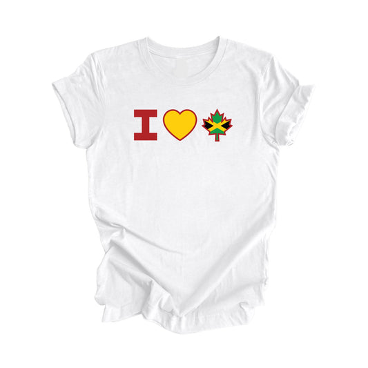 I Love Canada - Canadian Maple Leaf with Jamaica Rasta Flag, Canadian Gift T-Shirt, Jamaican Rasta Present, National Flag Tee Shirt - Inspired X