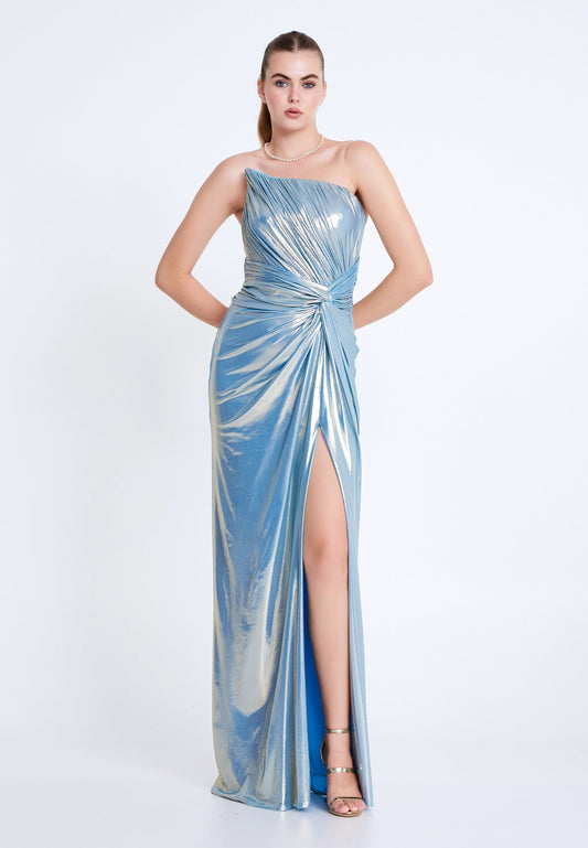 Metallic One-Shoulder Draped Gown with High Slit – Ice Blue