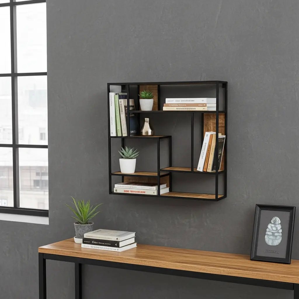 Étagère mural carrée en bois de manguier et acier noir
