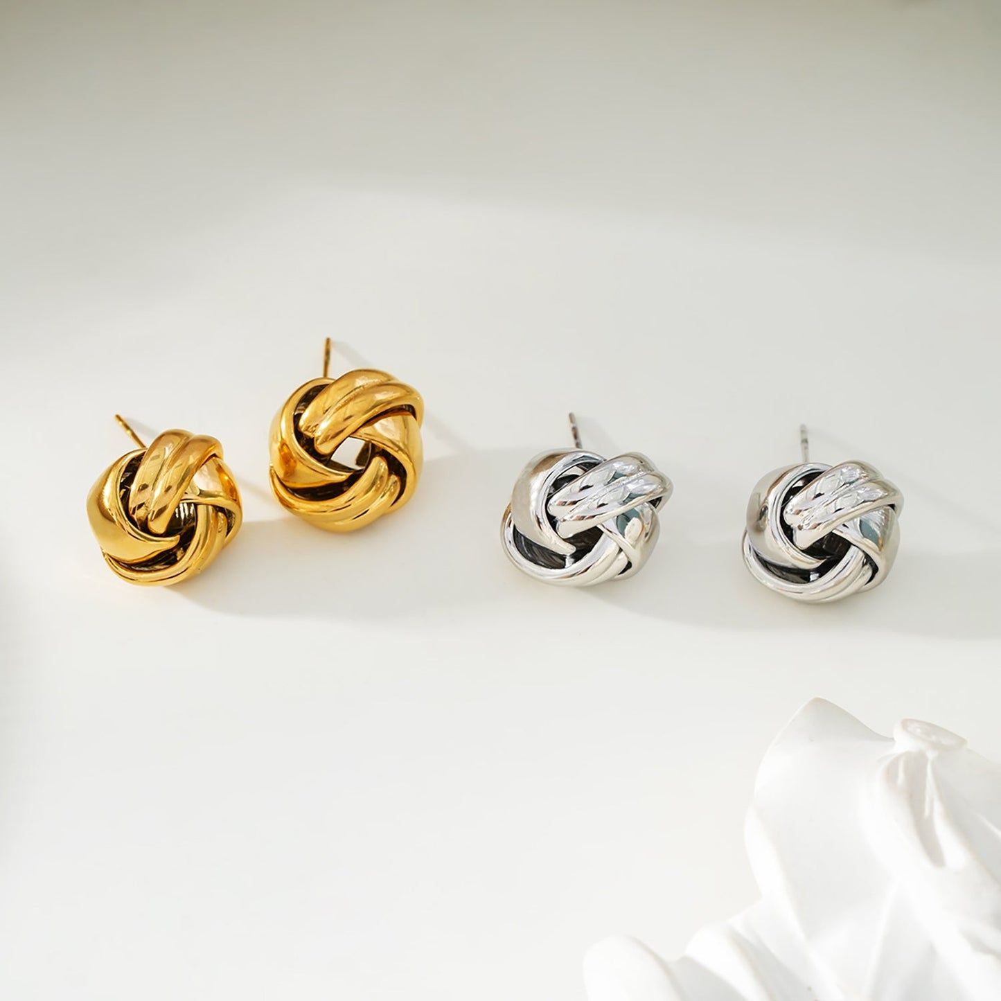 JATANI Silver Toned 18K White Gold: Contemporary Love-Knot Stud Earrings