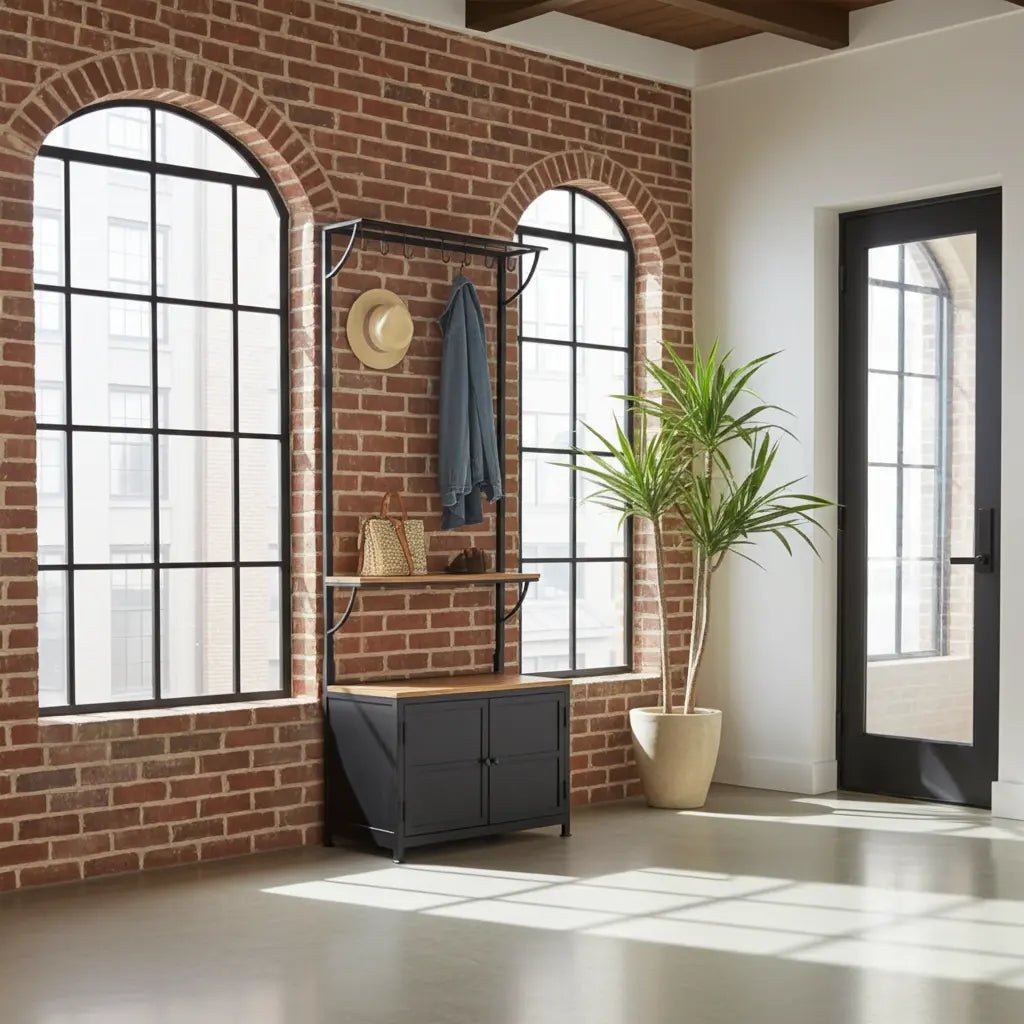 Meubles d'entrée avec banc et rangement, porte-manteau de 32 po, en bois de manguier et acier, meuble avec étagère de rangement et 8 crochets