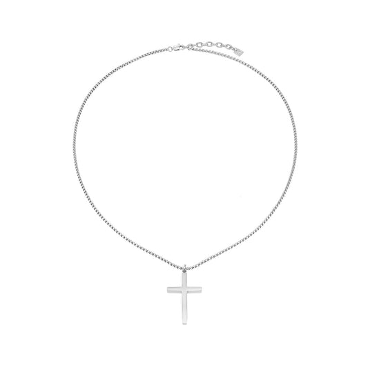 JENGO Silver (White Gold) Square Link Silver Chain Necklace with Minimalist Cross Pendant for Women or Men