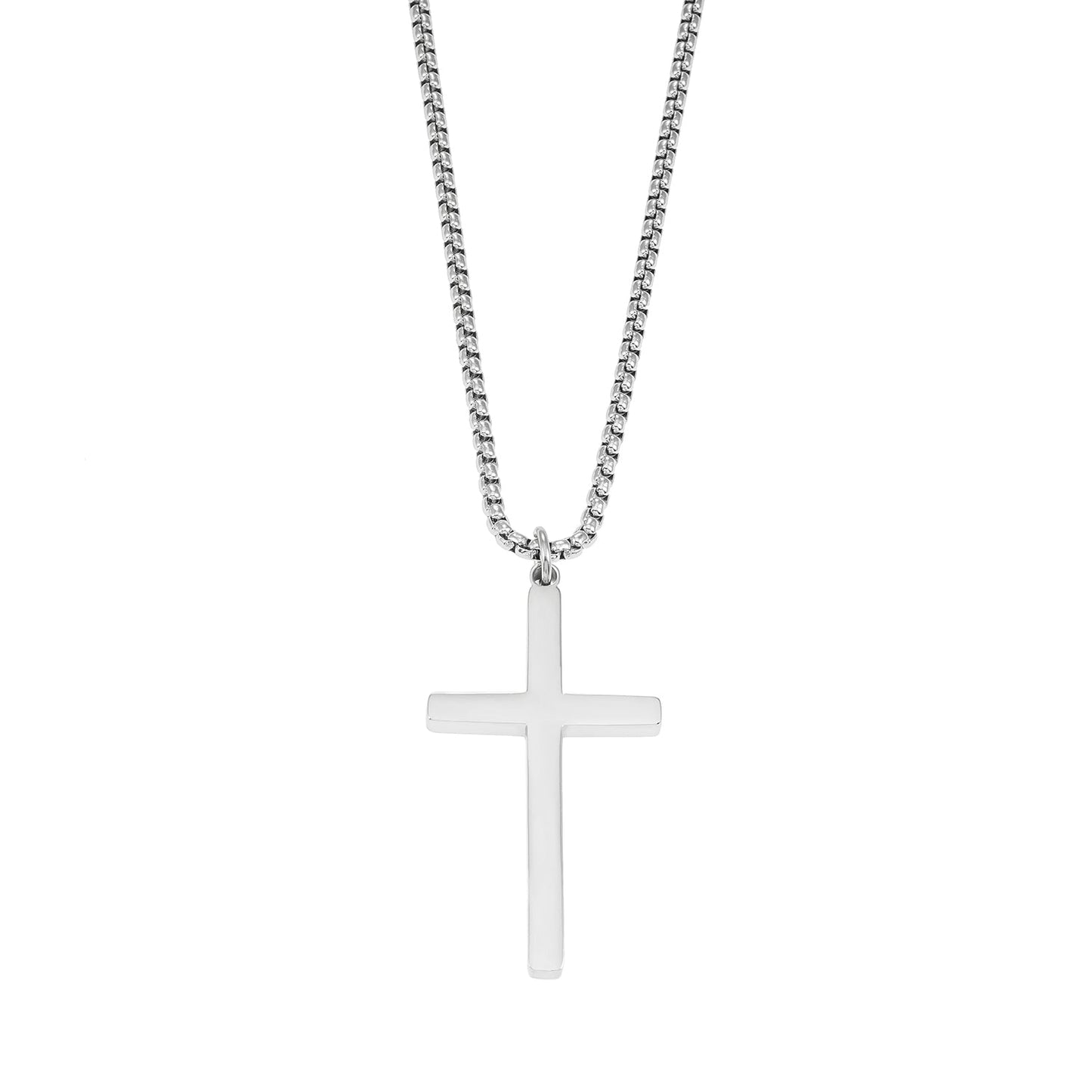 JENGO Silver (White Gold) Square Link Silver Chain Necklace with Minimalist Cross Pendant for Women or Men