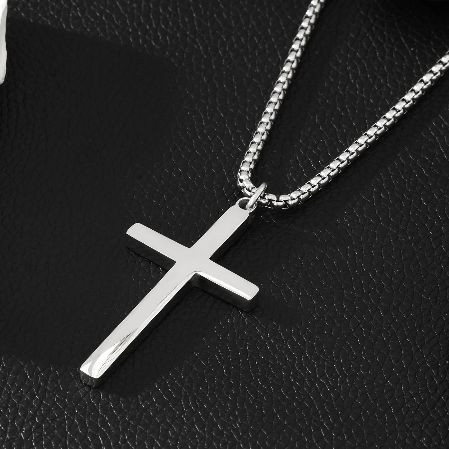 JENGO Silver (White Gold) Square Link Silver Chain Necklace with Minimalist Cross Pendant for Women or Men