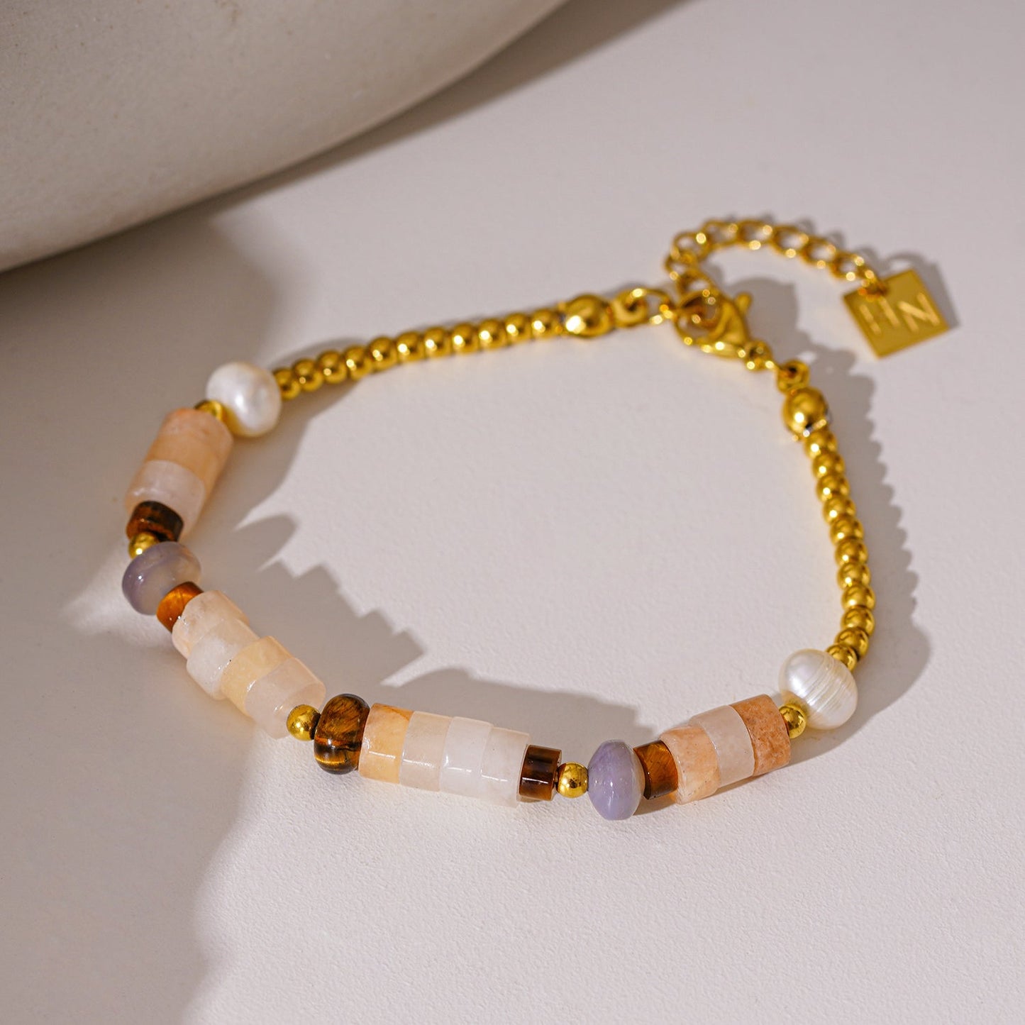 JERASA: Chalcedony Stones, Fresh Water Pearls & Gold Ball-Beaded Bracelet.