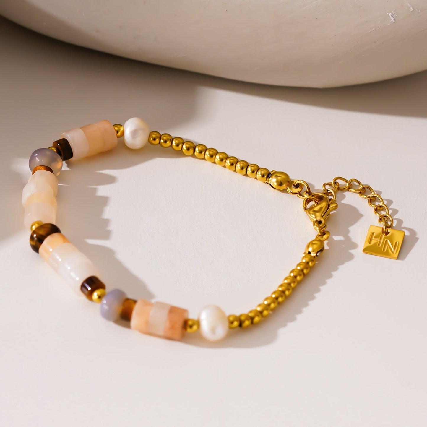 JERASA: Chalcedony Stones, Fresh Water Pearls & Gold Ball-Beaded Bracelet.