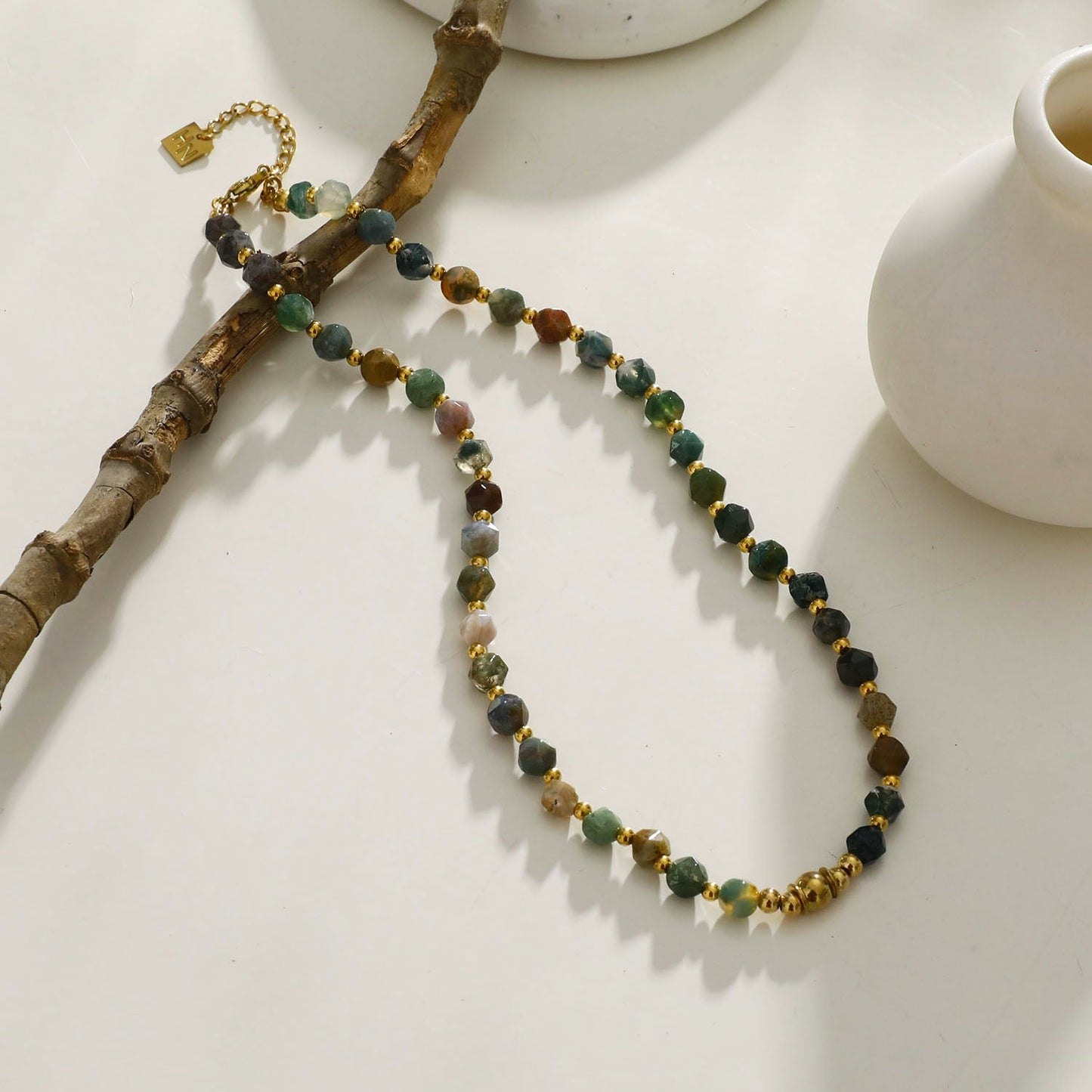 JULIETTA: Indian Agate Stones & Gold Beaded Chain Necklace