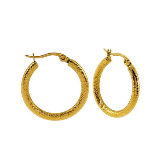 JUNKA Gold: Mid Width Basket Weave Patterned Day-to-Night Hoops