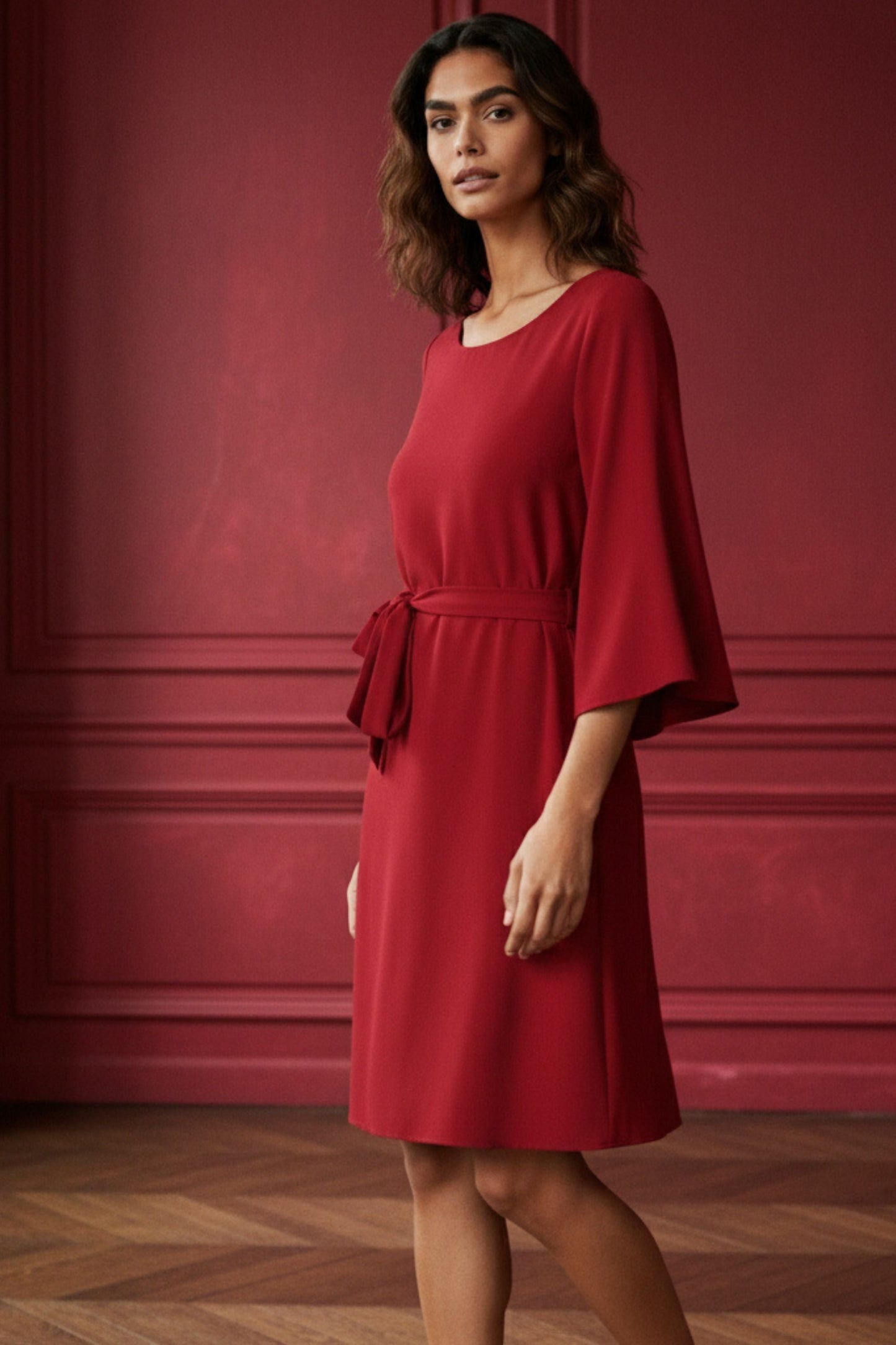 Jennifer Women's Flared Sleeve Belted Dress Solid Color