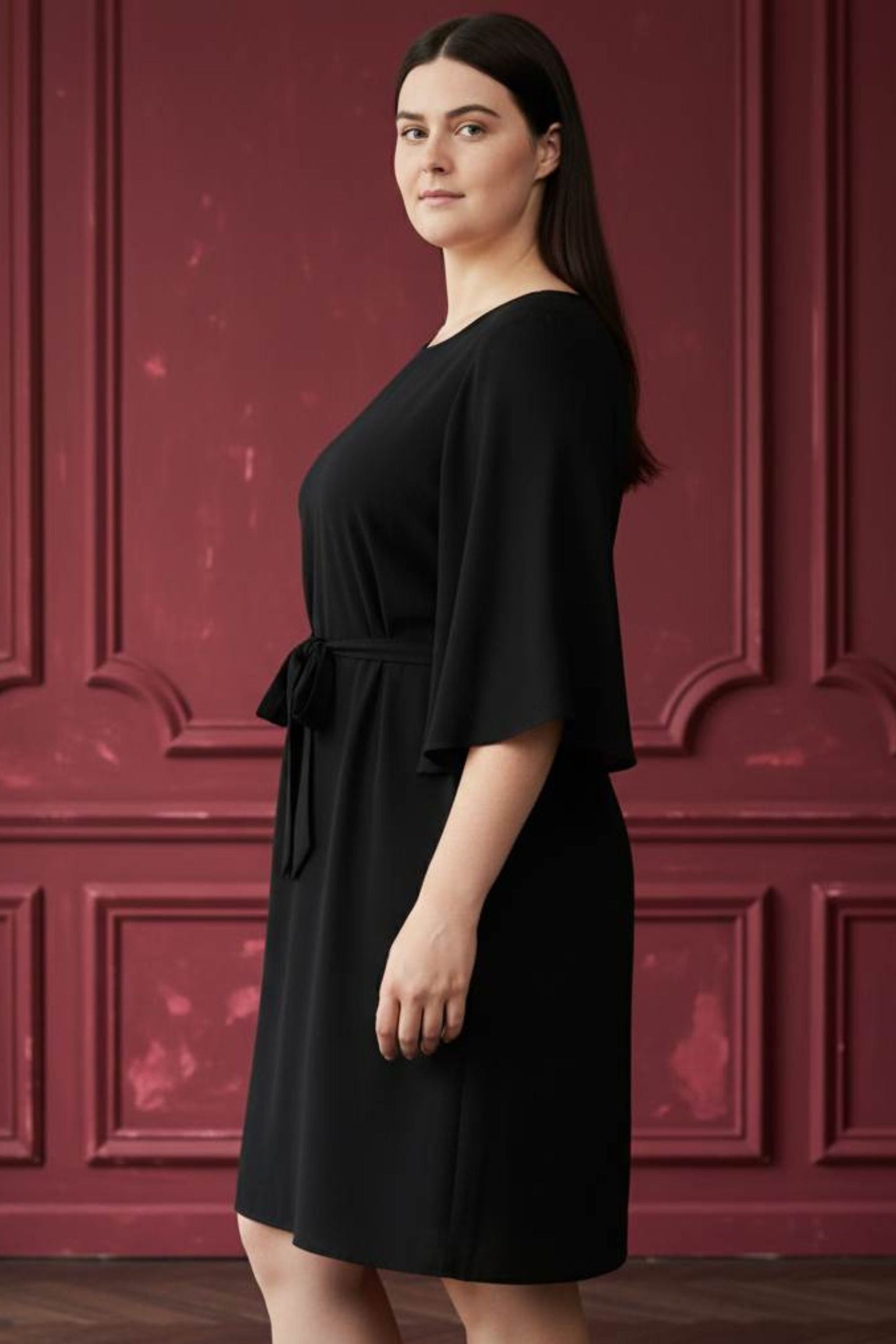 Jennifer Women's Flared Sleeve Belted Dress Solid Color