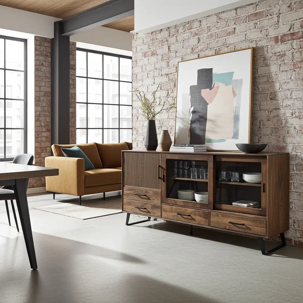 Buffet Arezzo en bois de manguier portes coulissantes vitrées