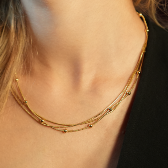 KAKIA: Triple Snake-Skin Chain Layered Necklace with Ball-Bead Accents