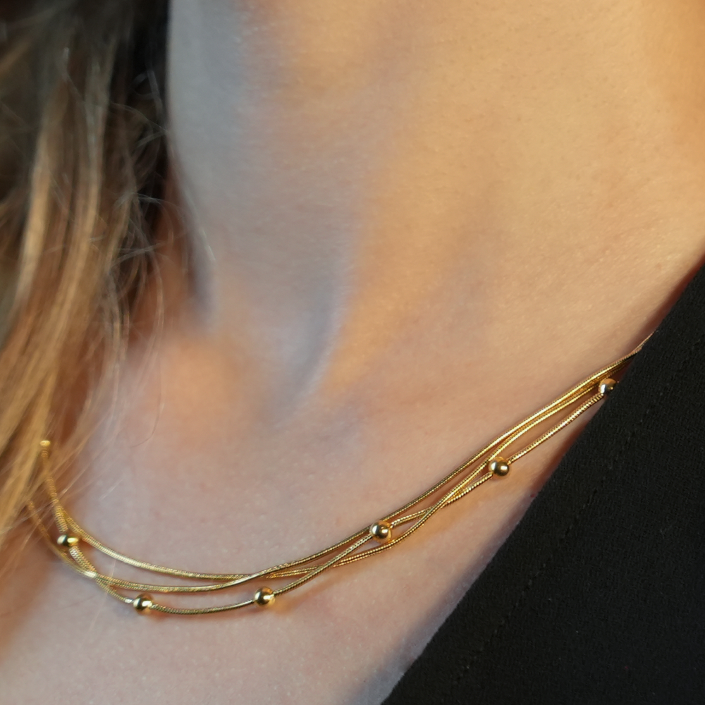 KAKIA: Triple Snake-Skin Chain Layered Necklace with Ball-Bead Accents