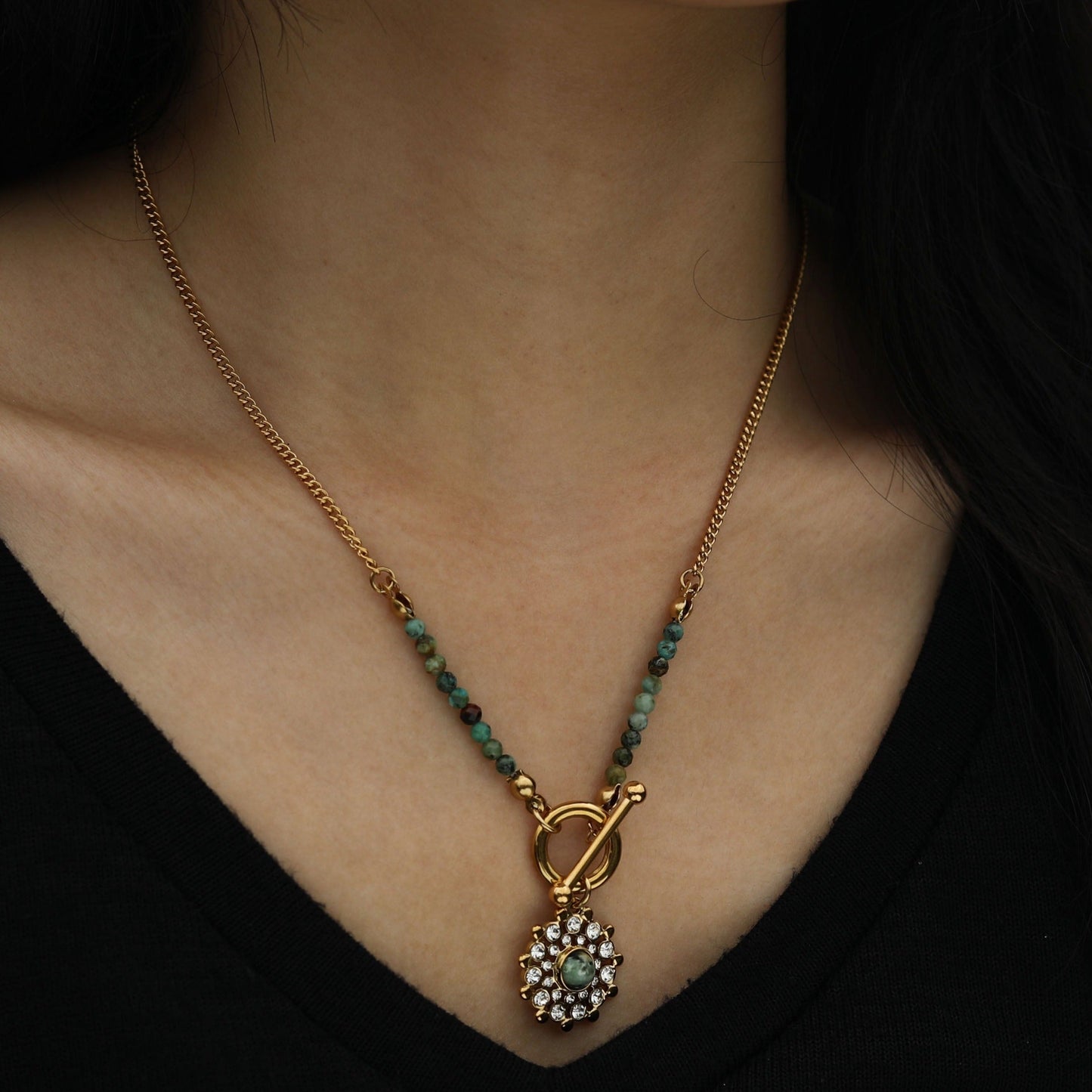 KASA: Natural Stone & Zirconia Boho-Chic Gold Necklace