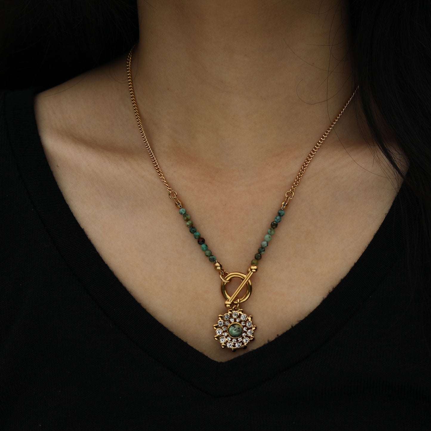 KASA: Natural Stone & Zirconia Boho-Chic Gold Necklace