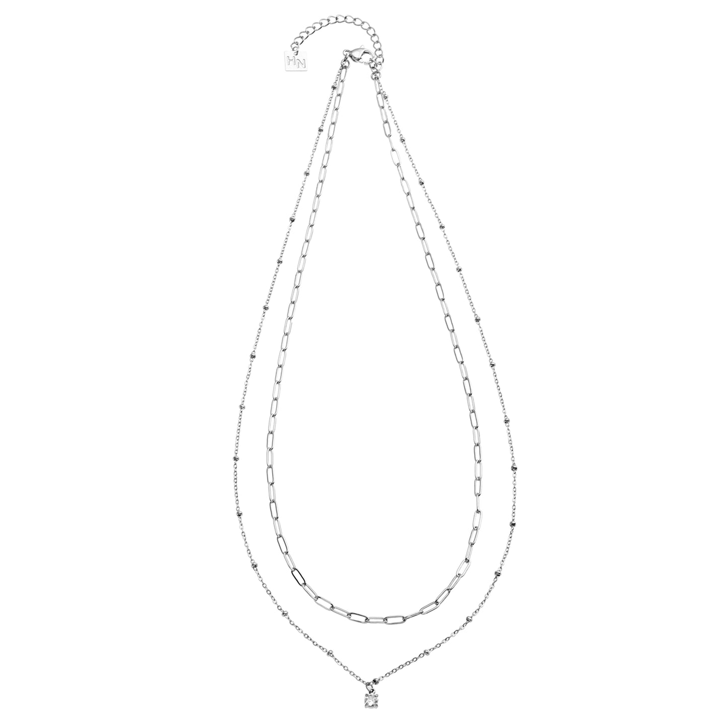 KATERI Silver: Pre-Layered Chains Necklace with a Solitaire Zirconia Charm Pendant