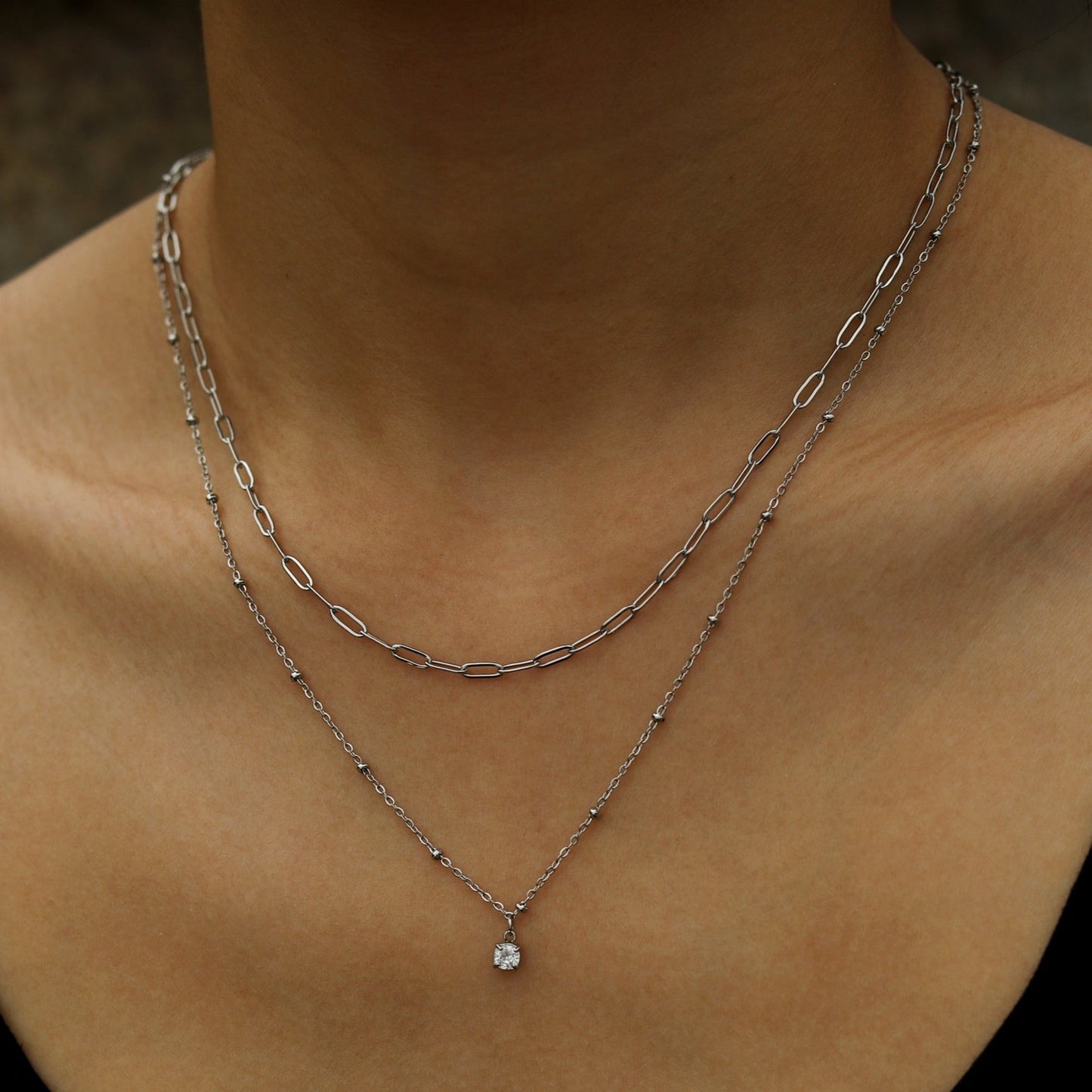 KATERI Silver: Pre-Layered Chains Necklace with a Solitaire Zirconia Charm Pendant
