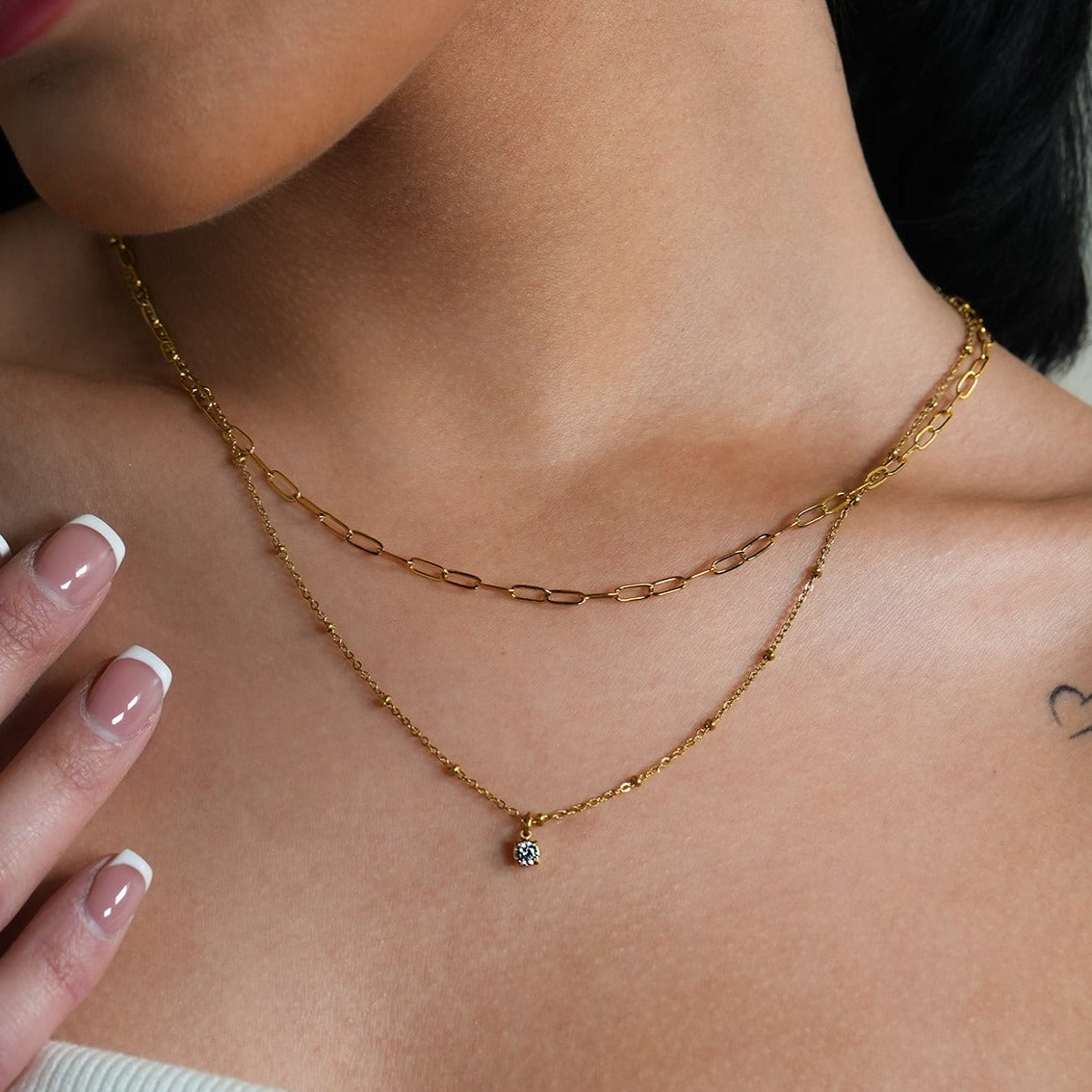 KATERI Gold: Pre-Layered Chains Necklace with a Solitaire Zirconia Charm Pendant