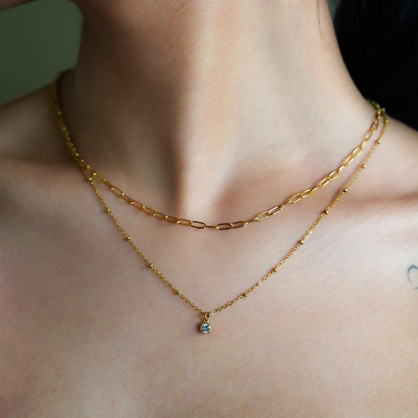 KATERI Gold: Pre-Layered Chains Necklace with a Solitaire Zirconia Charm Pendant