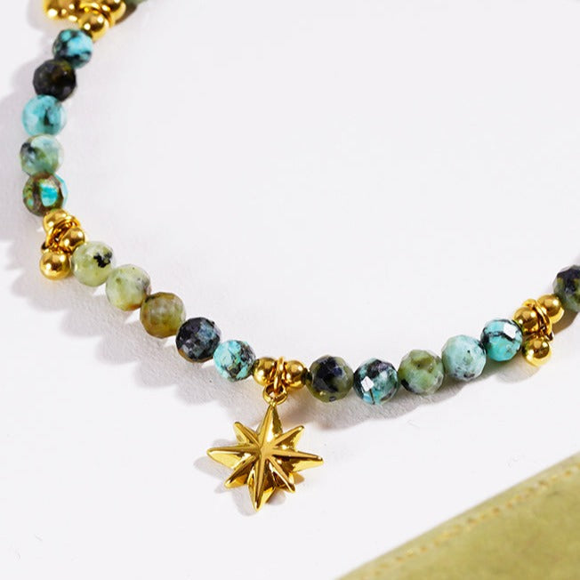 Style KAVYA: Blue Turquoise Stones with Gold Beads & Charms Chain Bracelet