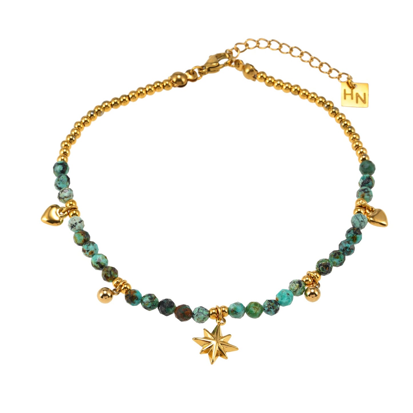 KAVYA LG: Blue Turquoise Stones with Gold Beads & Charms Chain Anklet