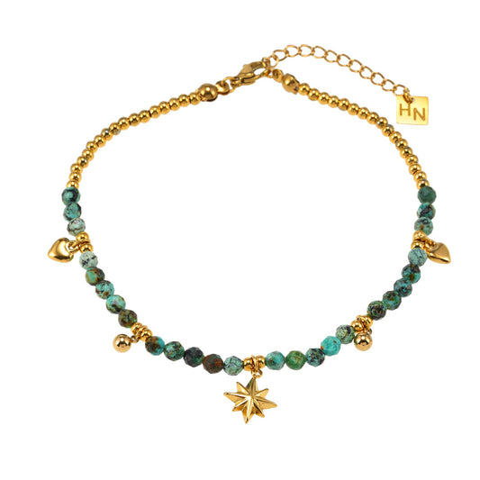 KAVYA LG: Blue Turquoise Stones with Gold Beads & Charms Chain Anklet