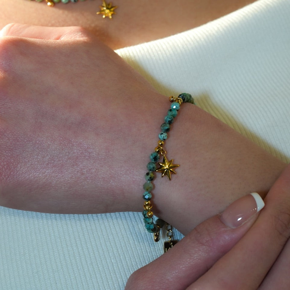 Style KAVYA: Blue Turquoise Stones with Gold Beads & Charms Chain Bracelet