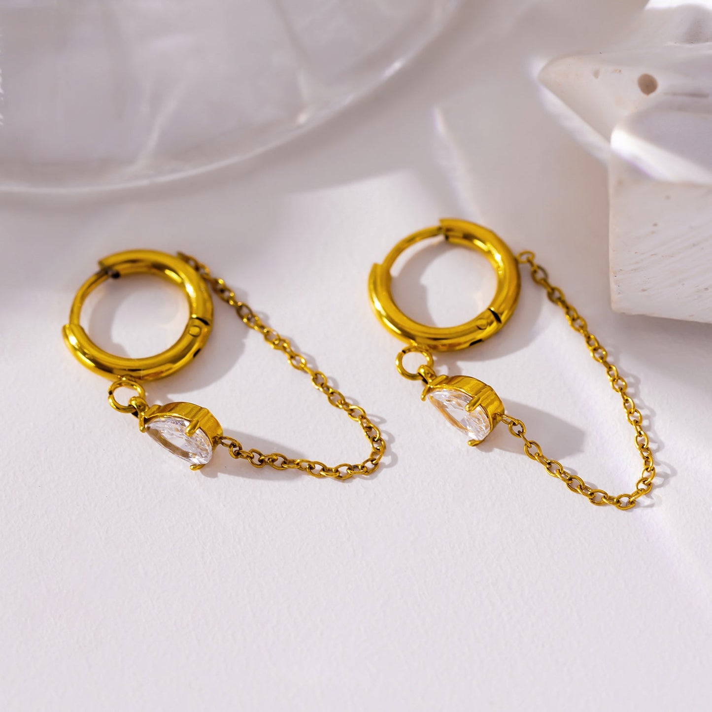 KAZUKA: Hoop Earrings with Pear-Shaped Zirconia Charm and Dainty Chain