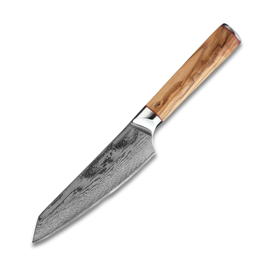 Ginza Steel MIA 17 Chef Knife 6.5” – Damascus AUS10 Steel, 67-Layer, Olive Wood Handle