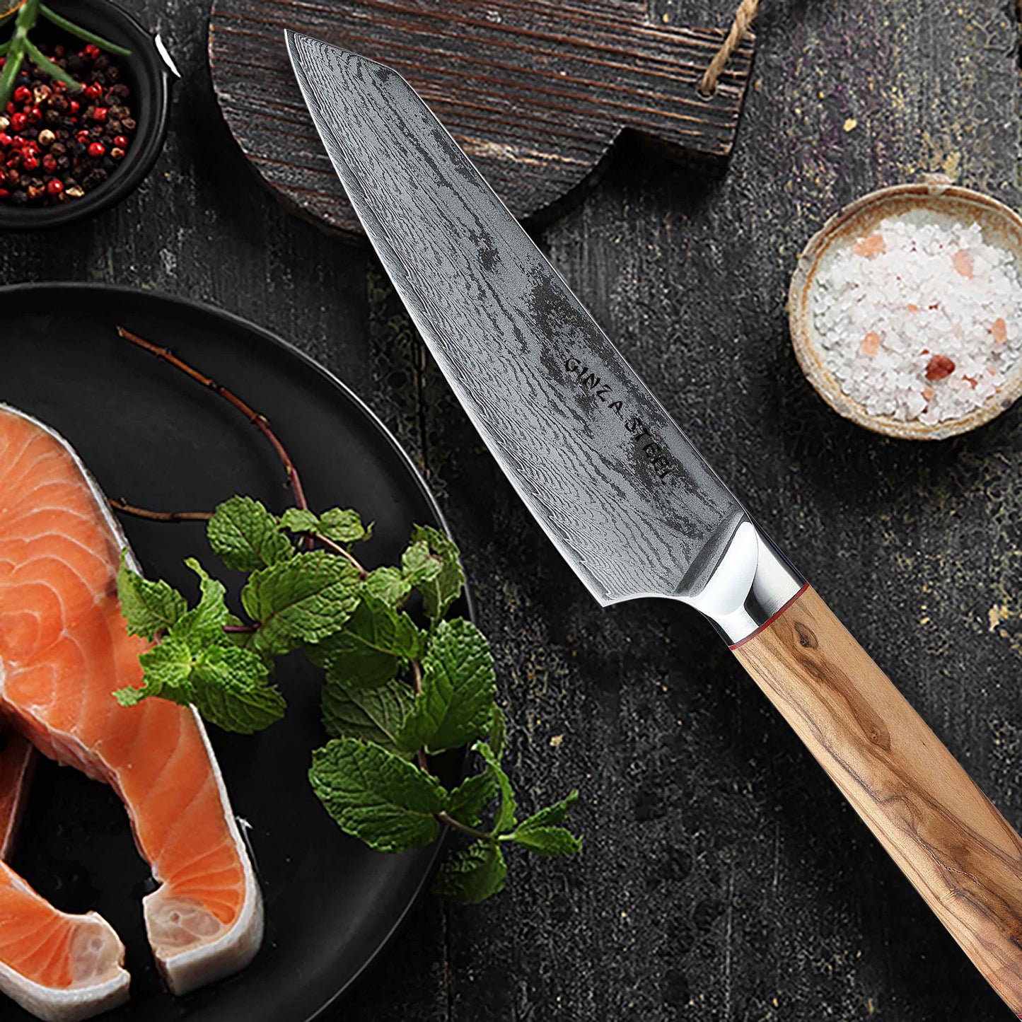 Ginza Steel MIA 17 Chef Knife 6.5” – Damascus AUS10 Steel, 67-Layer, Olive Wood Handle